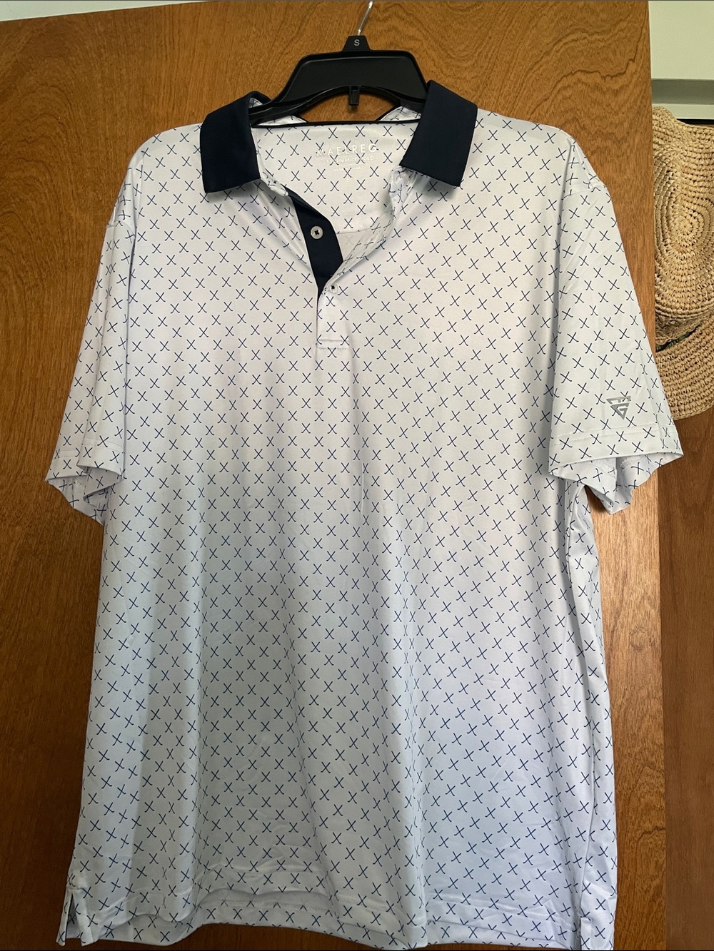 Men's White Polo Shirt with Navy Golf Club Pattern and Navy Collar